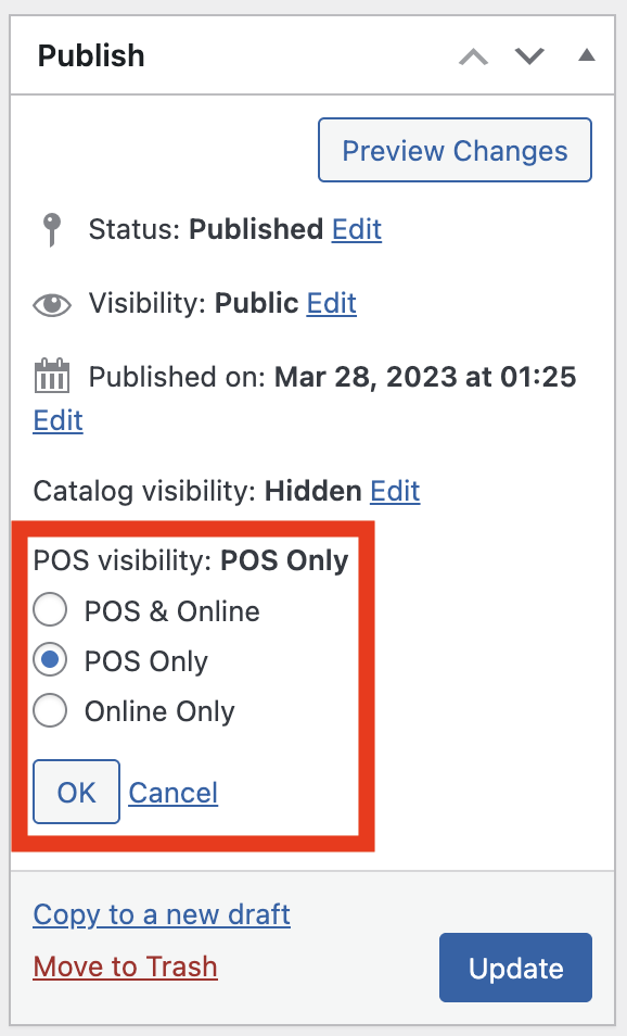 POS Visibility setting in the product data panel